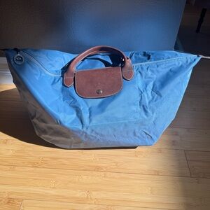 Longchamp Blue and Brown Duffel Bag with Leather Accents